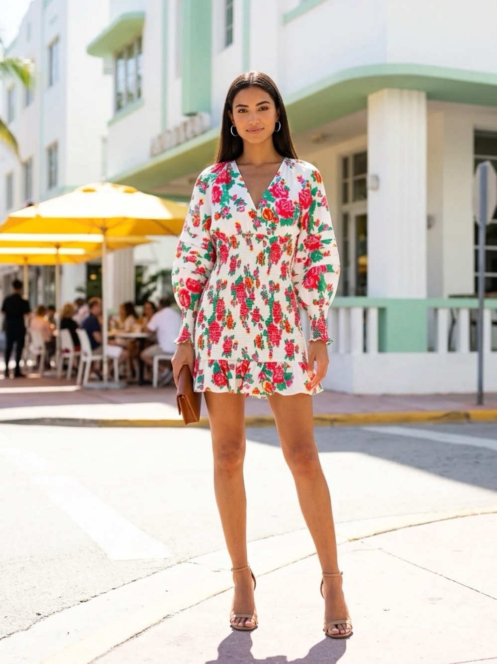 RHODE White Floral Smocked V-Neck Mini Dress with Red & Green Print